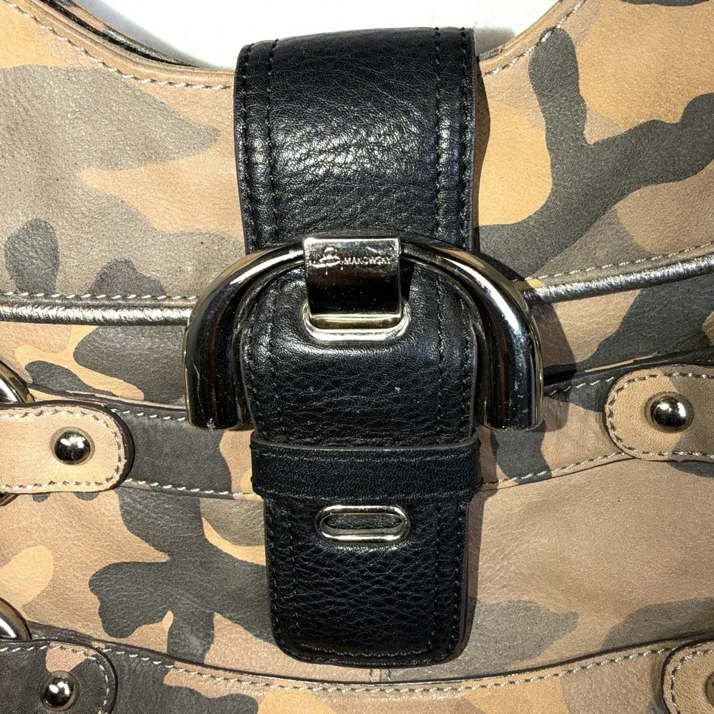 B Makowsky Camo Hobo Bag Black Leather Trim Silver Hardware Shoulder Purse